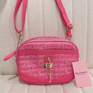 NEW Juicy Couture Pink Monogram Crossbody Camera Bag Padlock Heart Key Charm